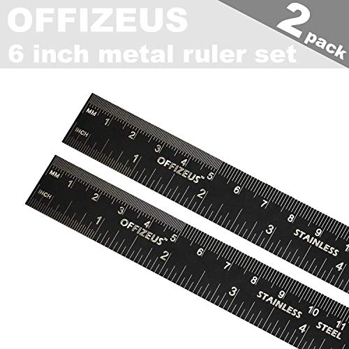 Metal Ruler 6 Inch - Steel Rulers with Inches and Centimeters & Conversion Table - Ideal for School and Office (2 Pack)