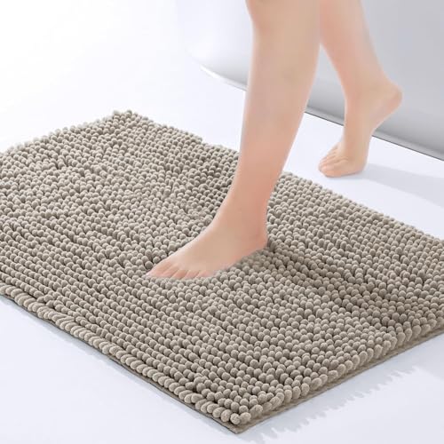 Moonlight Bedding Bath Mat Non Slip Anti Mould - Chenille Shower Mat Khaki 50 x 80 cm Super Absorbent Bathroom Mat Machine Washable Extra Soft Fluffy Bathmat