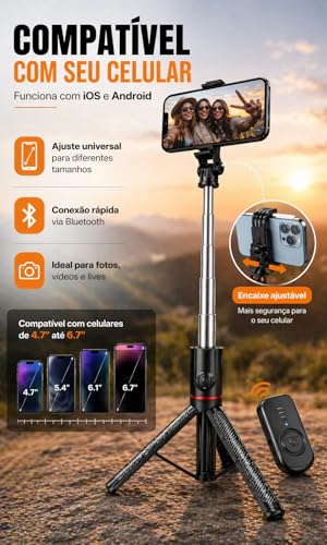 Tripé para Celular 1,70m com Altura Ajustável, Bastão de Selfie 3 em 1 com Controle Bluetooth, Rotação 360°, Portátil para Vídeos, Fotos e Lives, iPhone e Android
