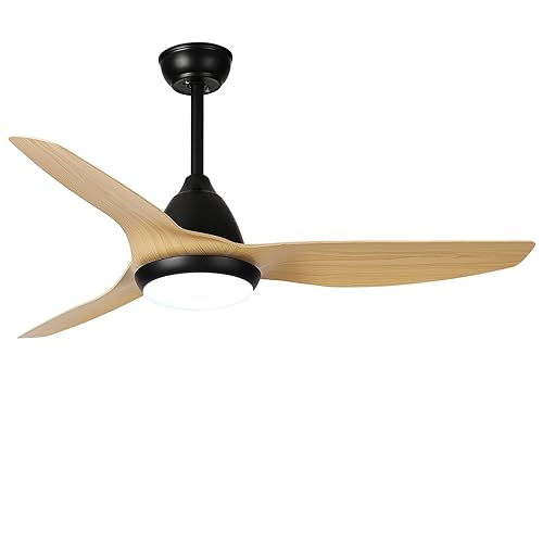 GLITI Ceiling Fan with Lighting and Remote Control, Lamp with Fan Flat 52 Inches AC, Quiet 3 Blades Ceiling Fan with Lights Led 24W for Bedroom Living Room (Wood)