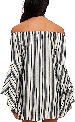 Womens Off-shoulder Flare Three Quater Sleeve Loose Shift Dress StripesX-Large