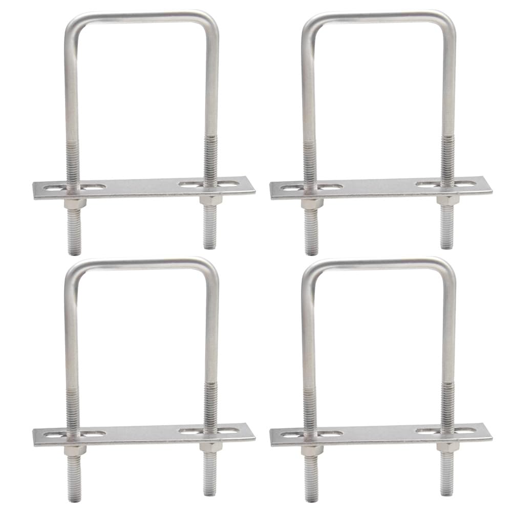 Hocansen 4 Set Square U Bolts M6 Brackets with Nuts, Washer and Frame Plate 50x100mm Stainless Steel U Bolts Fastener for Car and Industrial Applications (US/M6-50x100mm)