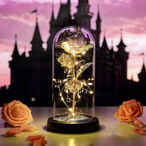 Beauty and the Beast Rose in Glass Dome Forever Rose Flower Kit Enchanted Light Best Gifts for Her Women Girls Adults Mums on Valentine, Mothers Day Wedding Anniversary Birthday