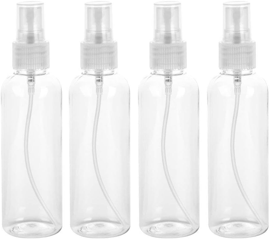 4Pcs 100ML Spray Bottles, Empty Plastic Transparent Fine Mist Travel Atomiser Spray Bottles Set, Travel Size Bottle Toiletries Liquid Containers for Essential Oils Cosmetic