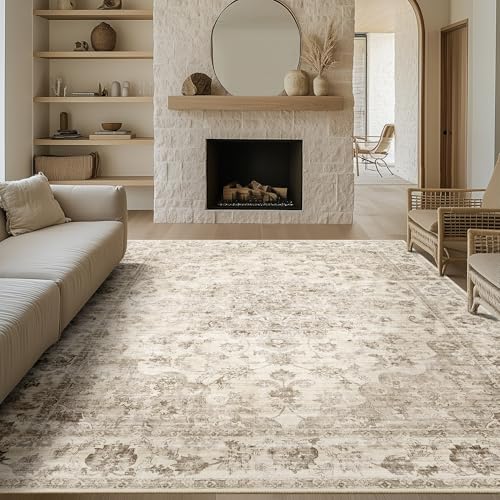 HUGEAR Vintage Beige Waschbarer Teppich Wohnzimmer 200x300cm Retro Rugs for Living Room Weich rutschfest Groß Tepich Kurzflor Schlafzimmer Carpet Livi