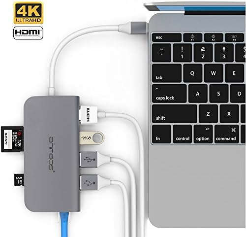 USB C Hub ANNBOS Adapter Aluminum Certified USB-C 3.1, Charging Port Thunderbolt 3, 4K HDMI, SD/Micro Card Reader, 3 USB 3.0 Ports, Ethernet Port for MacBookPro 2016/2017 Type C Devices (Gray)