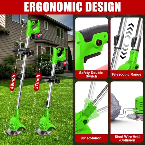 Cordless Weed Wacker with 2 Batteries, Lightweight 21V Weed Trimmer with Wheels, Electric Grass Trimmer, Adjustable Shaft Lawn Tool for Small Yard Tight Spaces