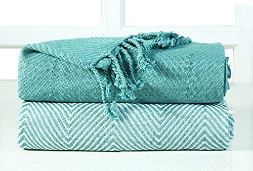 The Midnight Store Luxury Pack of 2 Chevron Cotton Single Sofa Throw Blanket, Teal, 125 x 150 cm, Pack of 2
