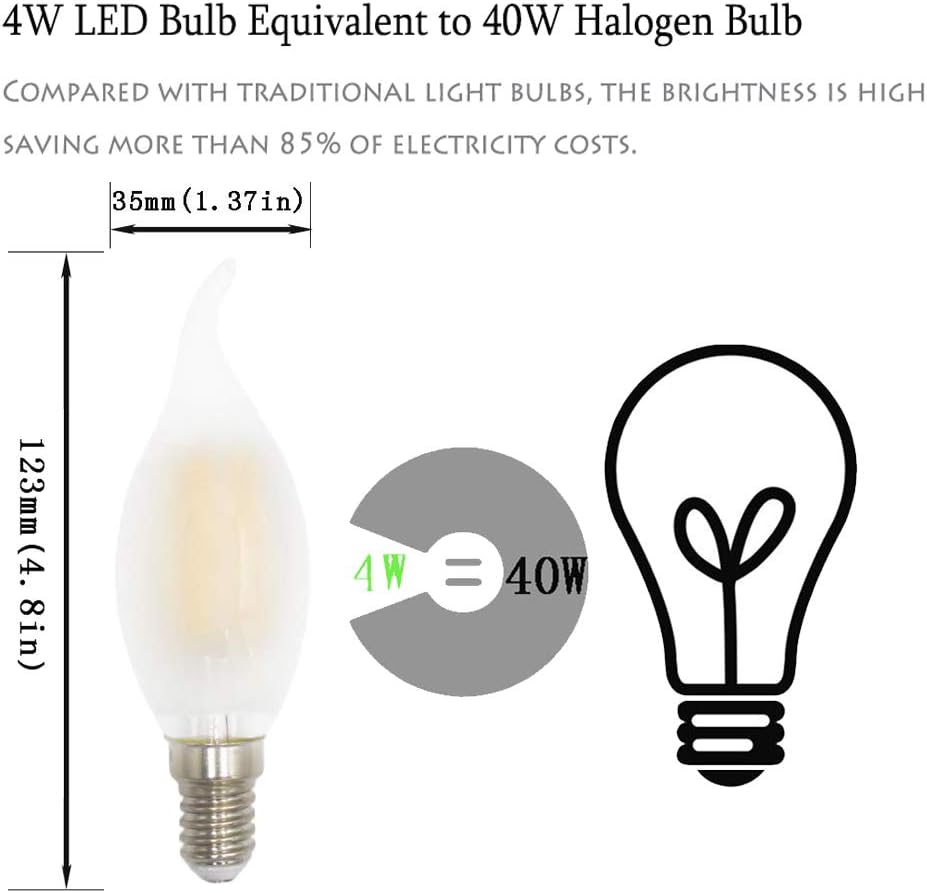 WULUN Candelabra LED Bulbs, Non Dimmable, 40W Equivalent, Frosted Glass Cover Flame Tip, E14 Base, AC 220-240V, 400LM - Image 4