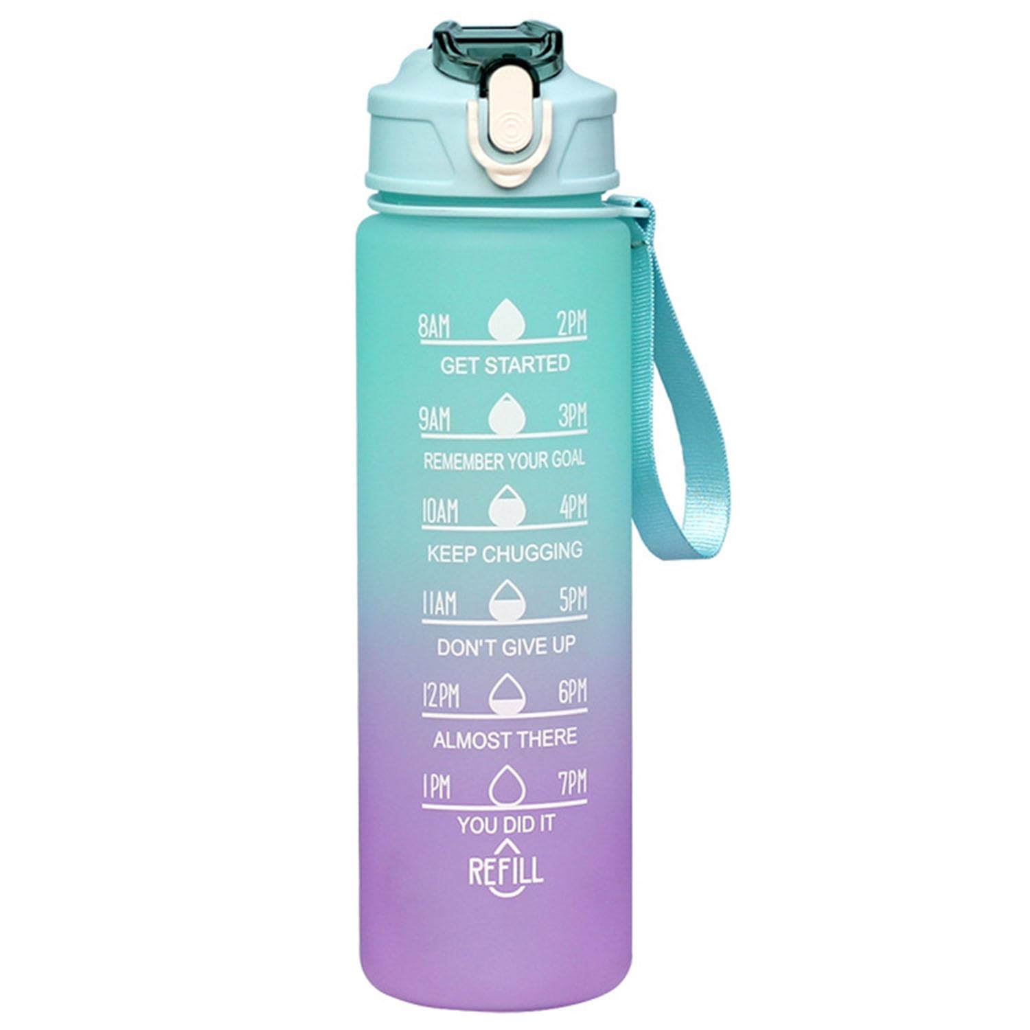 Fitness Sport Water Bottles, 750ml(25oz) Drinks Bottle, Water Bottles with Straw and Time Marking, Reusable Sports Water Bottle, Water Bottles for Girls Gym School Running Outdoors(Green Gradient)