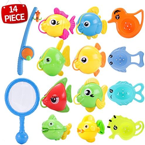 LianMan toys Bath Toy,14PCS Fishing Game Toy,Fish Net Playset,Fishing Rod and Water Spoon in Bathtub Bathroom Pool Bath Time,Bathroom Play Floating Fishing Game for Kids Toddlers Bathtub Fun Time