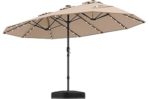 Tangkula 15FT Double-Sided Patio Umbrella with Solar Lights, Extra-Large Umbrella W/ 48 LED Lights & Auto-Charging Solar Pane
