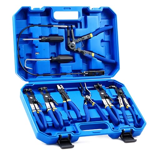 Orion Motor Tech Alicates de Abrazadera de Manguera de 9 Piezas para Mangueras de Aceite Combustible y Agua, Kit de Removedor de Abrazadera de Manguera de Largo Alcance Automotriz con Cable Flexible Clic R tipo Mordaza Giratoria Estuche de Alicates de Banda Plana, Azul
