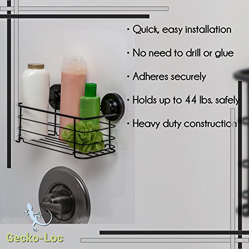 Gecko-Loc Deep Shower Shelf Caddy Storage Basket Shampoo Conditioner Holder w Vacuum Suction Cups No Hooks No Drilling - Sponge Shampoo Conditioner Holder- Black SS - Adhesive DISKS Now Include