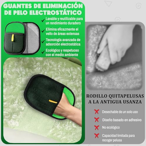 RUBALN®️Quita Pelos Mascota,Manopla Quita Pelos Mascota Guante+Gancho Colgador de Regalo Quita pelos Perro Gato, Removedor de Pelo Mascota, Guante Reutilizable .Uso Diario. (Verde)