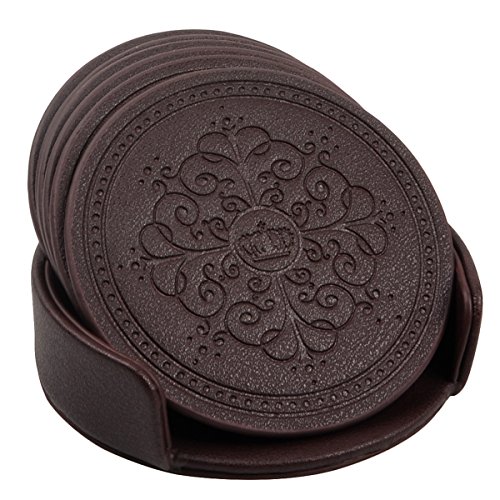 HappyDavid Leather Round Placemats Cup Mat Set of 6 with Coaster Holder