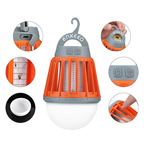 ENKEEO 2-in-1 Camping Lantern Bug Zapper Tent Light - Portable IPX6 Waterproof Mosquito Killer LED Lantern with 2000mAh Rechargeable Battery, Retractable Hook, Removable Lampshade, Orange
