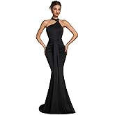 AOSHABABI Women's Cocktail Dresses Elegant Black Satin Halter Neck Pleated Mermaid Evening Dresses for Wedding Guest