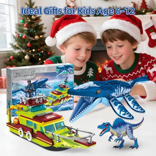 Dinosaur Explorers Ocean Building Set 3 in 1 Compatible with Dinosaur Park World, Boat & Dinosaurs Mosasaurus Spinosaurus with Articulated Joints, Toy Children 6-12 Years Old