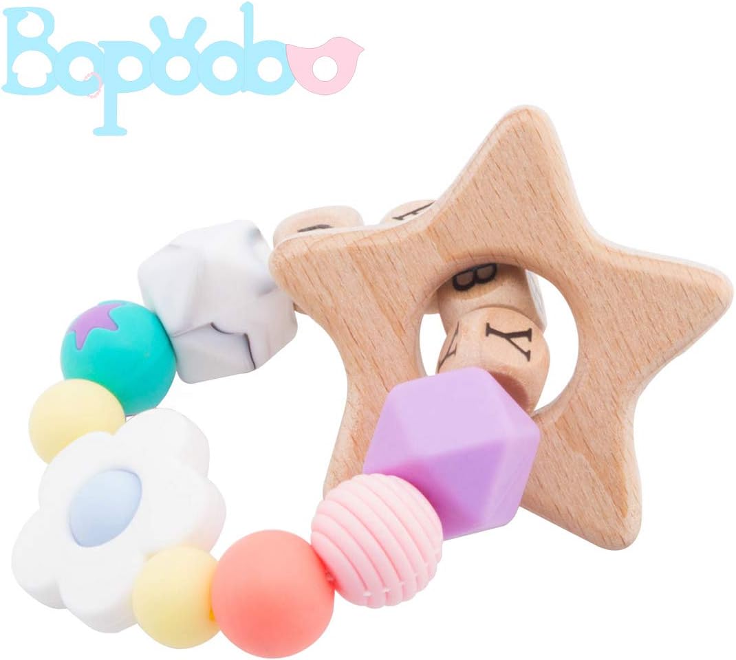 bopoobo Silicone Teething Toys,Teether Bracelet, Wooden Teether Stars Teething Pain Relief Toys for Babies Shower Gift