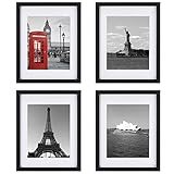 ONE WALL Tempered Glass 11x14 Picture Frame Set of 4 with Mats for 8x10, 5x7 Photo, Black Wood Frame for Wall and Tabletop - Mounting Material Included