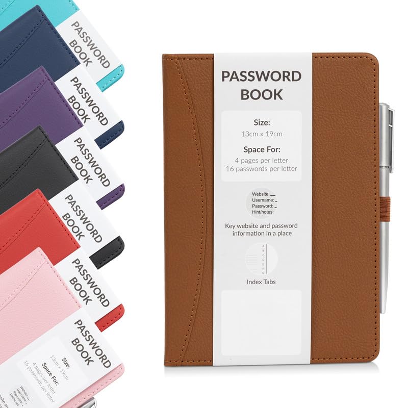 Password Book Alphabetical with Tabs - Secure Login Organiser for Websites, Username & Notes - Hardback A-Z Index Password Keeper with Pen (Tan)