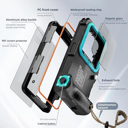Ezanmull Underwater Diving Case for iPhone 16/15/14/13/12/11 Pro Max/XR/XS/X & More, Professional Protection [15m/50ft], Waterproof Case for Snorkelling, Surfing, Photos & Videos (Black/Teal)
