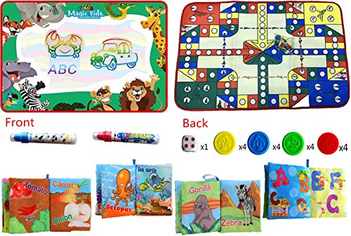 Kids Water Doodle Drawing Mat with Flying Chess Game Mat Coloring Painting Educational Writing Mats, Baby's Non-Toxic Soft Cloth Book Set Pack of 4 Fun Interactive The First Book Toddler Gift