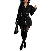 Vakkest Blazer Dress for Women Casual Long Sleeve Lapel Fall Coat Elegant Business Office Work Suit Jacket with Belt