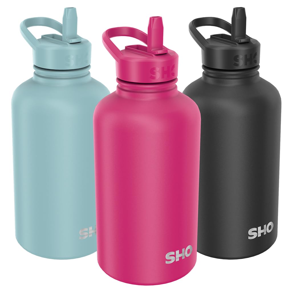 SHO Guzzler Water Bottle with Straw Lid - Leakproof, Dishwasher Safe, BPA Free, No Sweat, Vacuum Insulated Double Walled Metal Flask, 950ml & 1900ml - 24 Hours Cold (Raspberry, 1900ml)