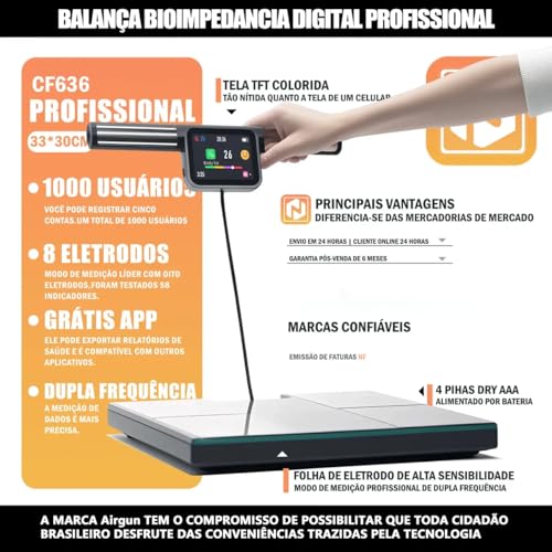 Balança Bioimpedância Digital 8 Eletrodos Smart App+tela Tft monitoramento preciso dos dados corporais diários