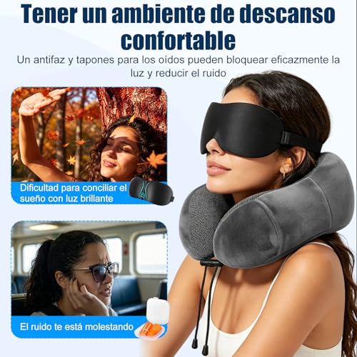 Almohada de Viaje, Almohada de Cuello Viscoelástica de Espuma de Memoria, Funda de Almohada Extraíble y Transpirable,con Máscara para Los Ojos, Tapones Para Los Oídos, Bolsa de Almacenamiento