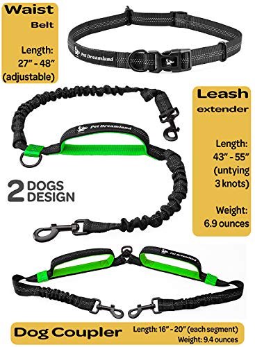 Pet Dreamland Hands Free Leash - for One/Two Medium to Large Dogs (up to 150lbs) - Running/Hiking/Dog Training - Heavy Duty Extra Long Bungee Lead - Waist Leashes for Dogs (Two Dogs, Black & Green)