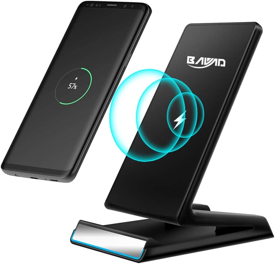 BAVAD Fast Wireless Charger, Qi Wireless Charging Pad Stand [2 Coils] for Samsung Galaxy S9 S9 Plus Note 8 S8 S8 Plus S7 S7 Edge S6 Edge Plus Note 5, Standard Charge for iPhone X 8 8 Plus