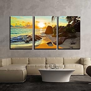 3 Piece Canvas Wall Art - Tropical Beach at Sunset - Nature Background - Modern Home Art Stretched and Framed Ready to Hang - 16"x24"x3 Panels