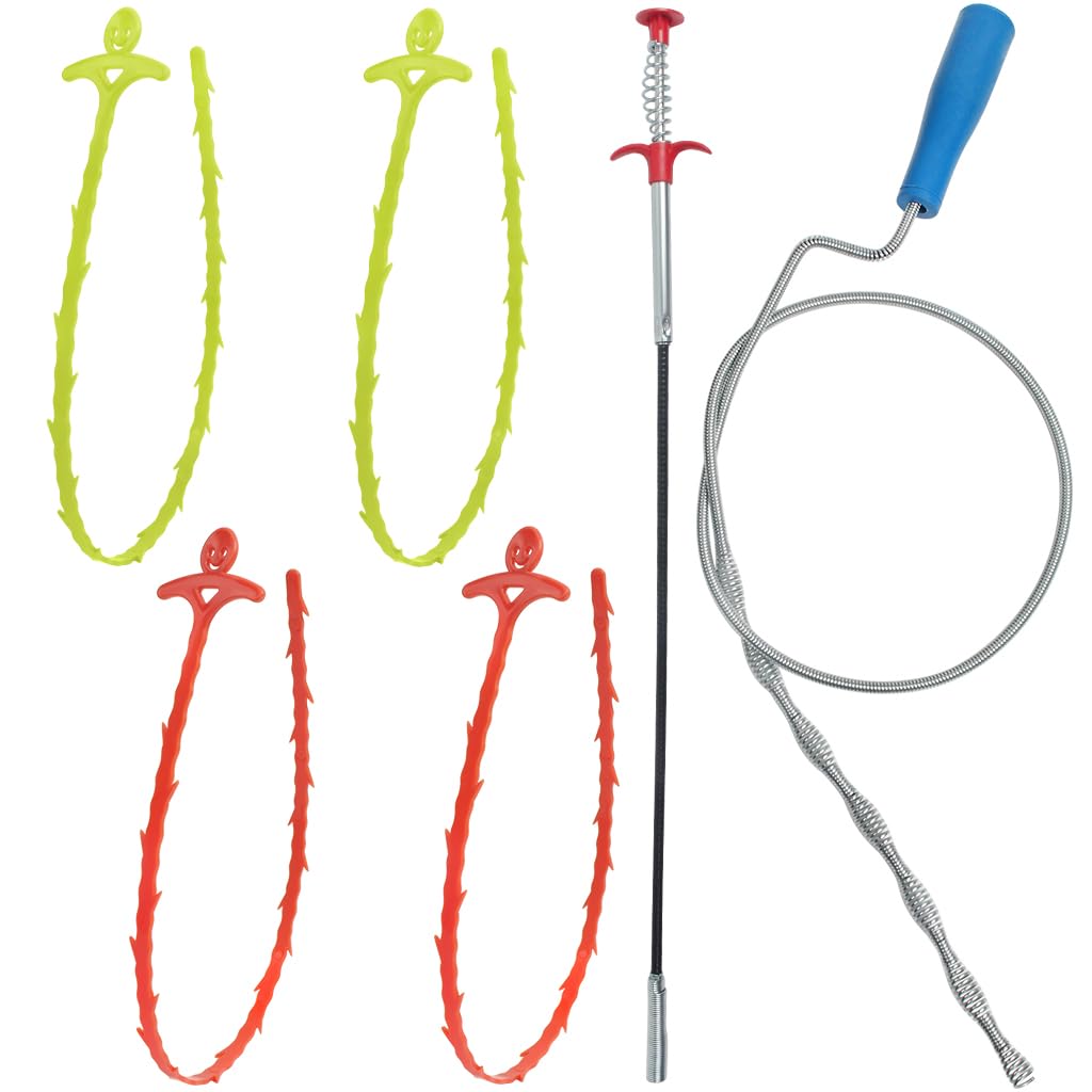 YOYUSH Drain Unblocker and Cleaner Tools, 6 PCS Set Drain Unblocker Spring Wire Rod Flexible Grabber Claw Tool, Drain Clog Remover Tool Drain Snake for Sink Kitchen Bathroom Shower
