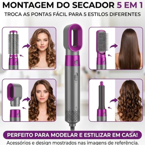 Secador cabelo 5 em 1, intercambiáveis, Alisa, Modela, Seca, Penteia. | escova pratica