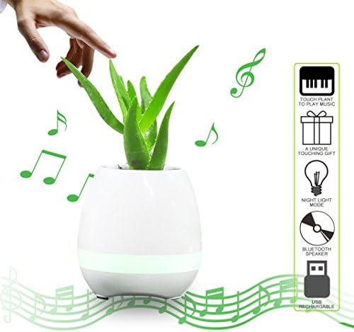 Plant Pots, [Gift Choice] Smart Bluetooth Speaker Touch Piano Music Playing Rechargeable Wireless Flower Pots with Night Light for Office Home Decor (without Plant) (White)