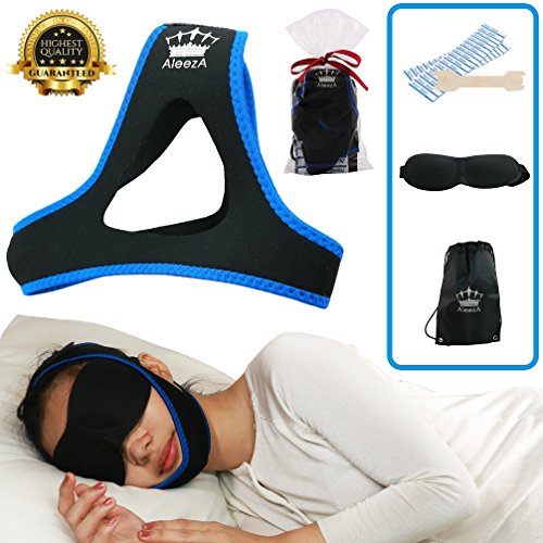 Stop Snoring Chin Strap -(SPECIAL RELIEF BUNDLE) Includes: Anti Bacterial Snoring Solution Chin Strap+ 20 Nasal Strips+ Silk Sleep Mask+ Travel Bag. SAY GOODBYE TO SNORING w/ proven Anti Snore devices