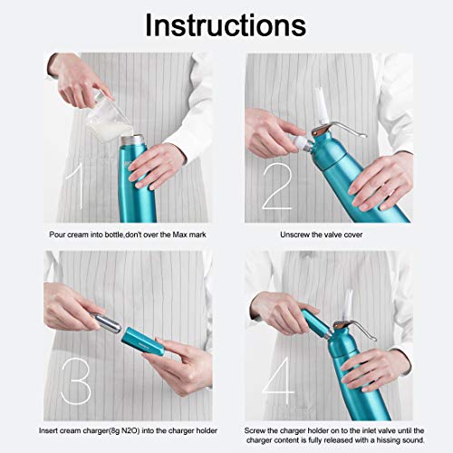 Professional Cream Whipper Maker,Aluminum Whipped Cream Dispenser & 2 Charger Holders with 3 Decorating Nnozzles leak proof - use 8 Gram N2O Cream Chargers,1 Pint,Pink, 500ml(Not Included) - Thumbnail 7