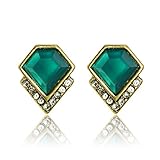 Lares Domi Vintage Gold-tone Crystal Incrusted Simulated Emerald Inlay Classic Art Deco Stud Earrings