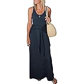 Evzeiem Women's Summer Maxi Tshirt Dress Tie Waist Casual Slim Fit Sleeveless Tank Long Beach Dresses