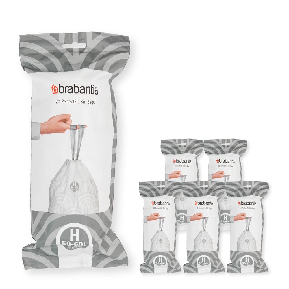 Brabantia 138782 PerfectFit Bin Liners Multipack (Size H/50-60 Litre) Thick Plastic Trash Bags with Tie Tape Drawstring Handles (120 Bags), White
