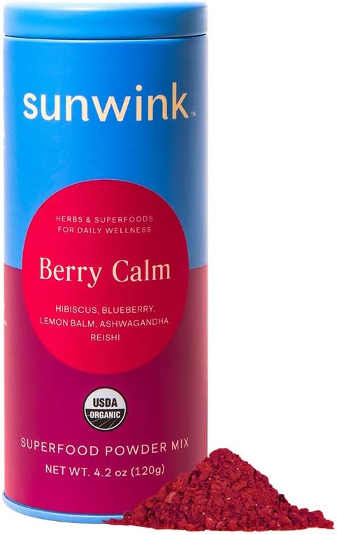 Sunwink Superfood Powder Organic, Berry Calm for Daily De-Stress, Hibiscus Blueberry Blend, Reishi Mushroom, Ashwagandha Powder, Lemon Balm, Herb and Superfood Plant Power Mix (Pack of 1)