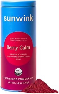 Sunwink Superfood Powder Organic, Berry Calm for Daily De-Stress, Hibiscus Blueberry Blend, Reishi Mushroom, Ashwagandha Powder, Lemon Balm, Herb and Superfood Plant Power Mix (Pack of 1)
