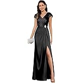 Velvysse Women's Satin Mother of The Bride Dresses with Slit Long Beaded V Neck Formal Dress
