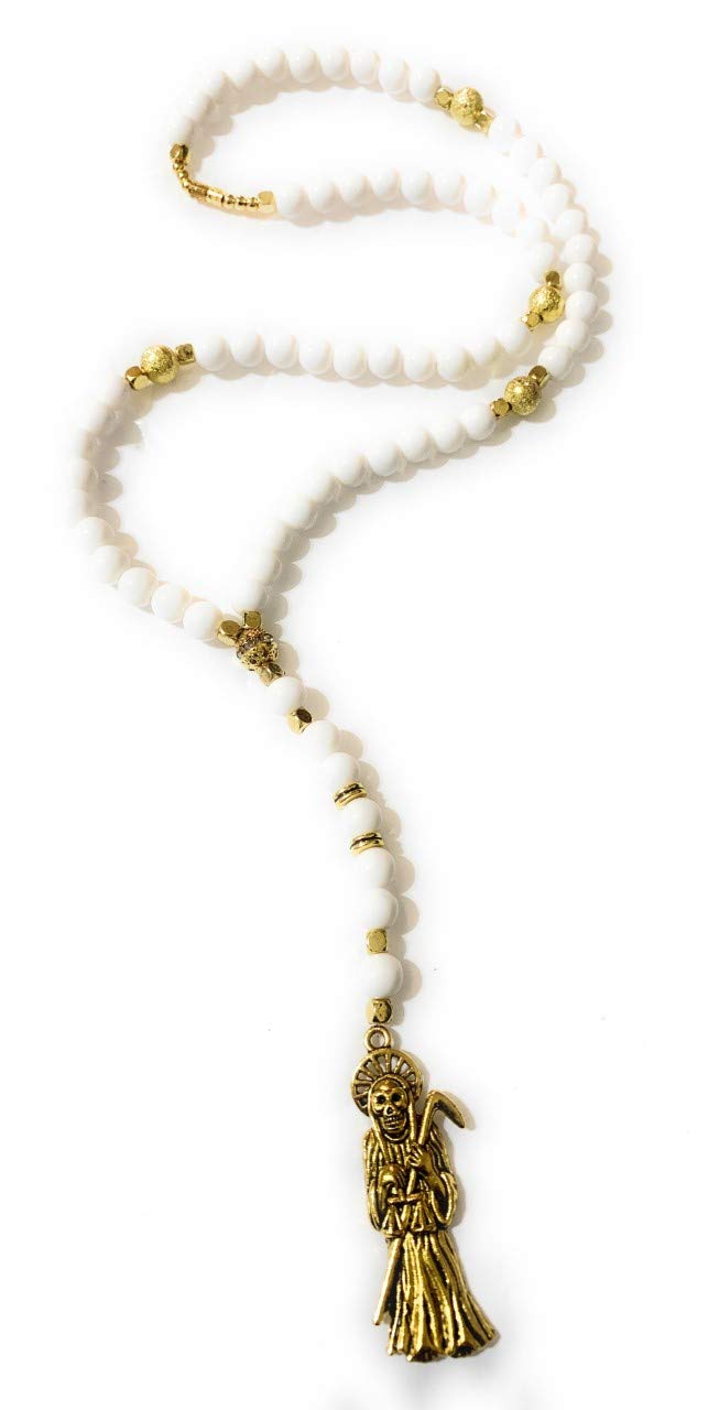 Acrylic Holy death's necklace, rosary style. Collar de la Santa Muerte de acrilico estilo rosario. Grim reaper Y style necklace.