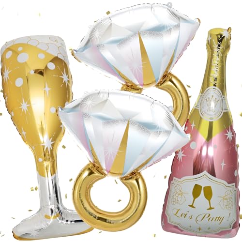 4 Pcs Bachelorette Balloons, Huge Rose Gold Champagne Bottle Diamond Ring Goblet Aluminum Foil Balloons for Bachelorette Party, Bridal Shower, Wedding, Engagement Party Decorations Supplies