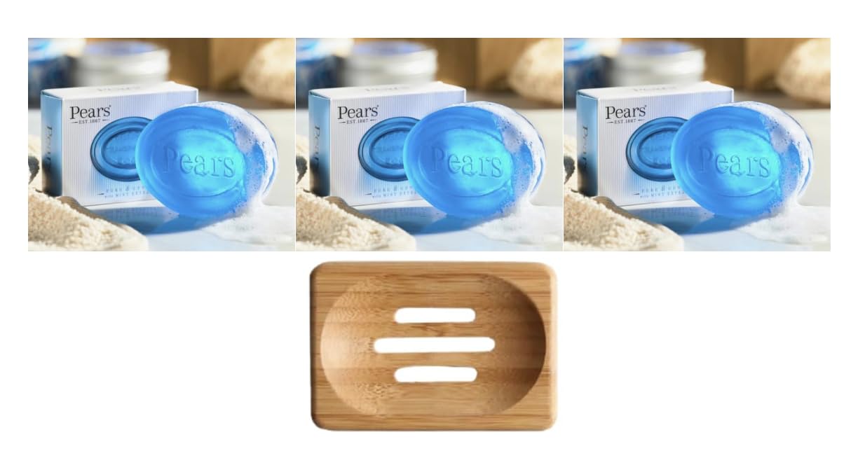 Pears Pure & Gentle Transparent Soap Bar 3x125 g (Mint Extracts) with Lemon Flower Extracts + with Mint Extracts) + Dr Cosi Natural Wooden Bamboo Soap Dish Storage Holder (Set of 4)