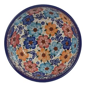 Traditional Polish Pottery, Handcrafted Ceramic Salad or Cereal Bowl 800 ml (d.16cm), Boleslawiec Style Pattern, M.702.Meadow